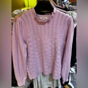 LOFT Pointelle knit with ruffle neck & puff sleeves. Soft lilac/pink. Size M.